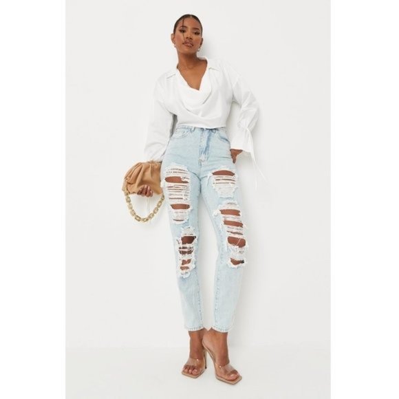 Missguided Denim - Missguided Riot Light Vintage Wash Destroyed High Rise Mom Jeans Size 6 US